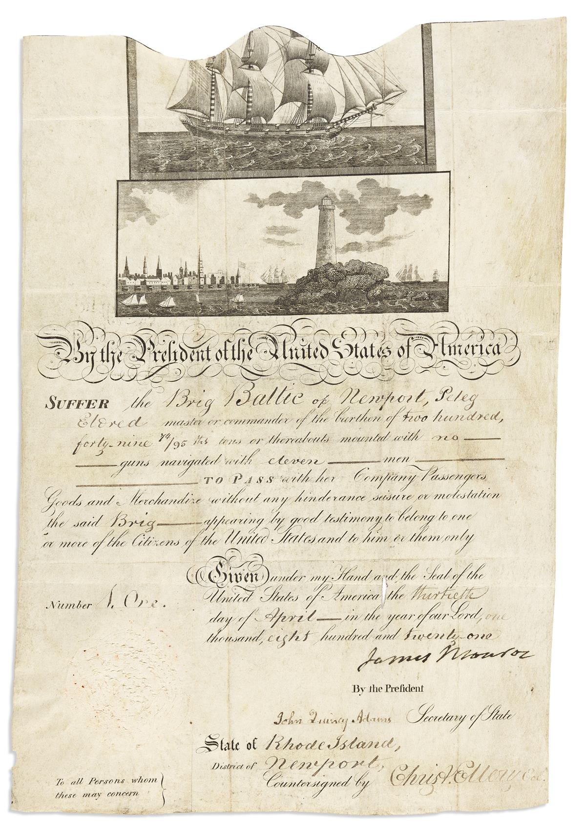 MONROE, JAMES. Partly-printed vellum Document Signed, as President,